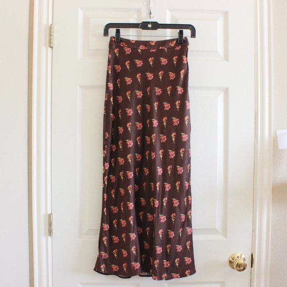 Something Navy Satin Midi Skirt Floral Print Brown - Picture 1 of 9